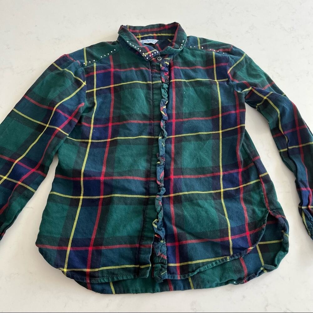 Mayoral Girls Green Tartan Plaid Ruffle Front Studded Button Up Shirt Size 8/9